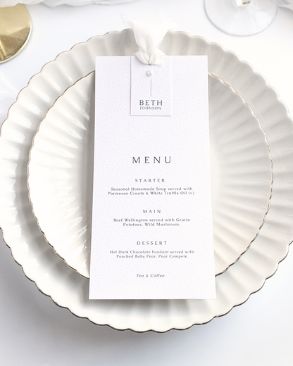 Perla Chiffon Ribbon Wedding Menu with Place Name & Pearl