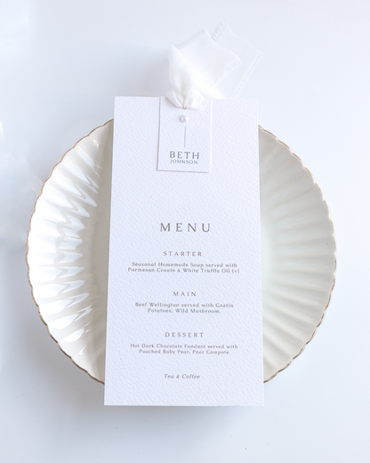 Perla Chiffon Ribbon Wedding Menu with Place Name & Pearl