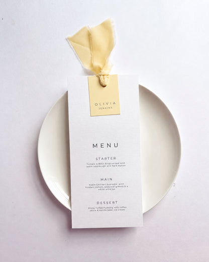 Lilah Wedding Menu with Ribbon & Place Name