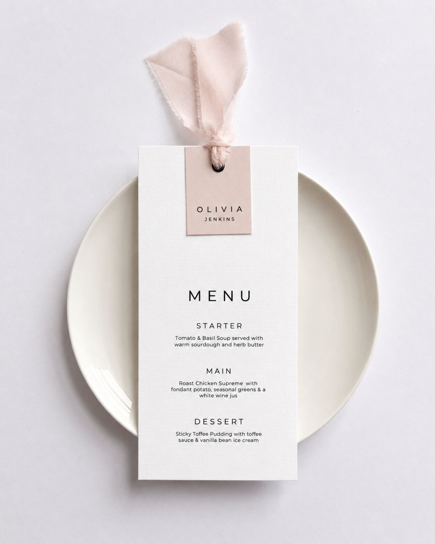 Lilah Wedding Menu with Ribbon & Place Name