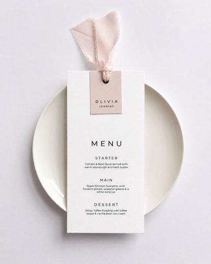 Lilah Wedding Menu with Ribbon & Place Name