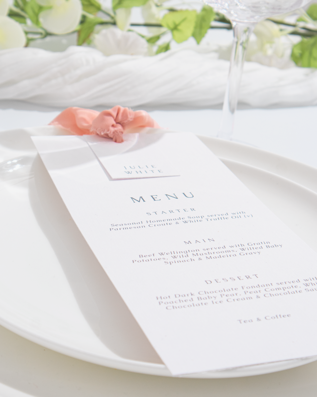 ribbon wedding menu and wedding place card for table setting