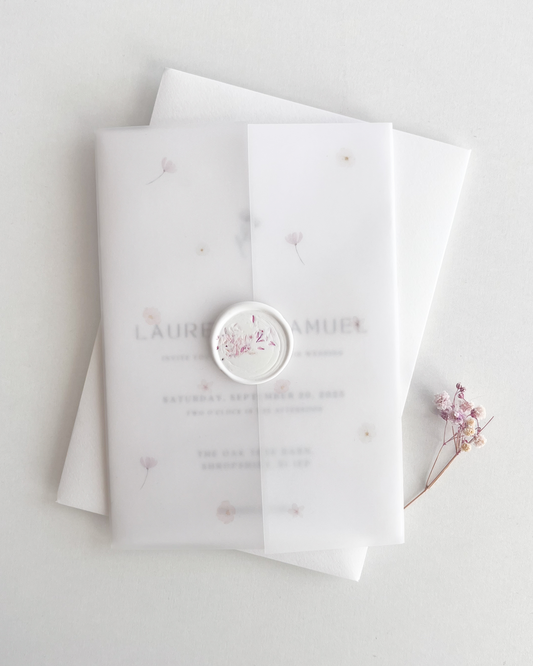 Floral Vellum Wedding Invitation Suite with Pressed Flower Wax-Seal - 'Harper'